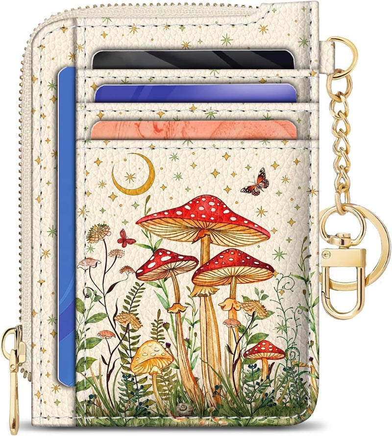 GIANCOMICS Slim Wallet Credit Card Holder Women, White Rfid Blocking Small Card Case, Keychain Thin Pocket Curved Zipper Wallet, Mushroom Travel Card Holder PU Leather ID Window, Ladies Female Gifts - Image 1